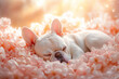 © Serge's AI Art - White French Bulldog puppy napping in soft pink flowers with a warm glow