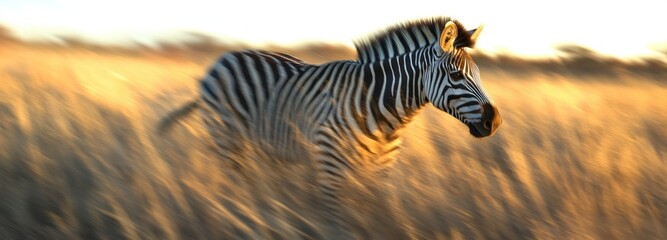 Wall Mural - Zebra Running Through Tall Grass in Golden Light