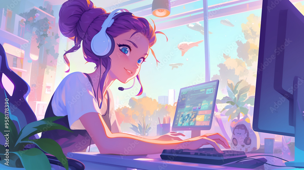 Young girl immersed in playing computer games on a soft pastel ...