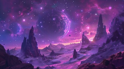 purple alien landscape with planets and stars