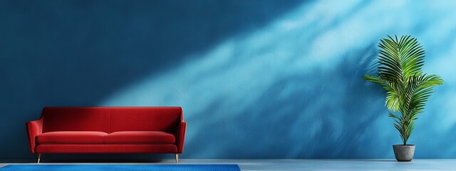 Wall Mural -  A red couch faces a blue wall A potted plant sits next to it on a blue rug