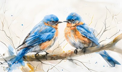 Wall Mural - Two male bluebirds on perch. 