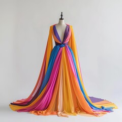 A vibrant dress drapes elegantly on a mannequin