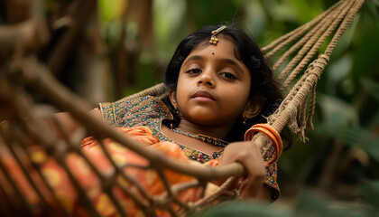 Wall Mural - A young girl is hanging out of a hammock, looking at the camera