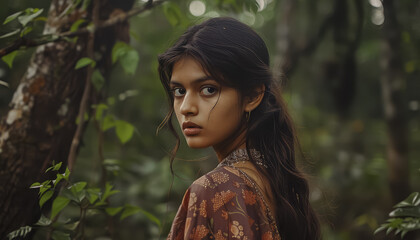 Wall Mural - A woman with long dark hair and a necklace is standing in a forest