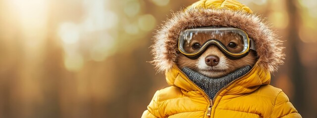  A small dog in a yellow jacket and goggles - donning a hood and goggles on its face