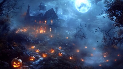 A haunted house on a hill, with glowing jack-o'-lanterns lining the pathway, eerie fog swirling around, and a full moon casting an ominous glow, dark and mysterious atmosphere