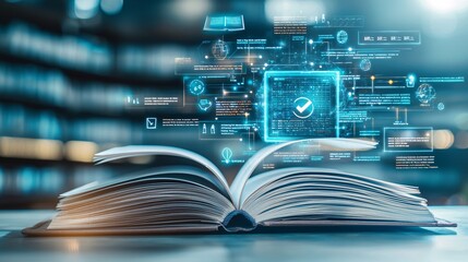 Poster - Abstract depiction of economic policy impacting education, illustrated through digital books and learning symbols