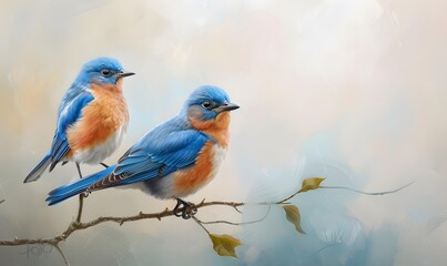 Wall Mural - Two male bluebirds on perch. 