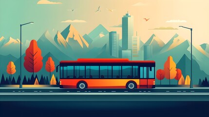 Wall Mural - a flat design of a city bus on a road with contrasting colors