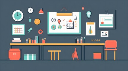Wall Mural - flat design of a classroom poster with educational icons for different subjects