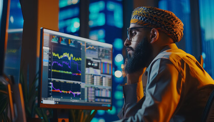 Canvas Print - A man with a beard is sitting in front of two computer monitors