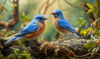 Wall Mural - Two male bluebirds on perch. 