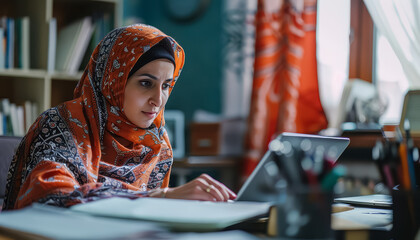 Wall Mural - A woman wearing an orange scarf is typing on a laptop