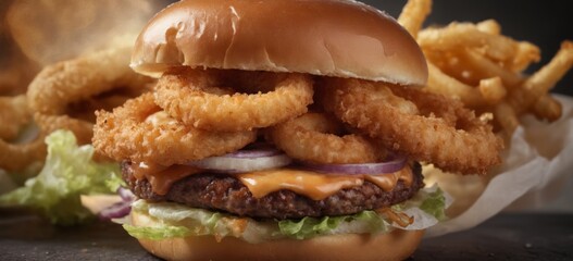 Delicious burger with crispy onion rings in a circular pattern o