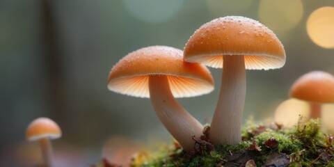 Two vibrant orange mushrooms in forest with moss-covered rock, s