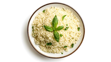 Fresh herb-infused couscous with basil garnish on white background