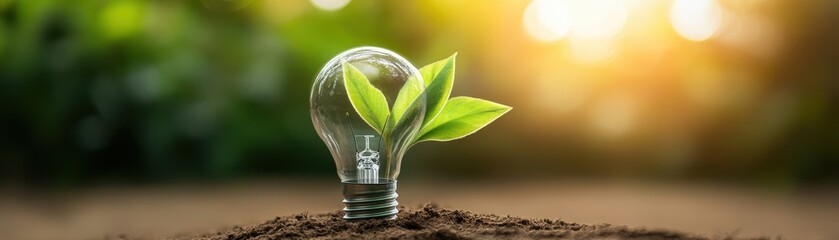 Sticker - Eco-Friendly Concept: Light Bulb with Green Plant Growing Inside on Soil with Sunlight Background