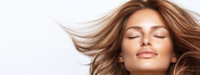 Wall Mural -  A close-up of a woman's face with her eyes closed as wind blows through her hair