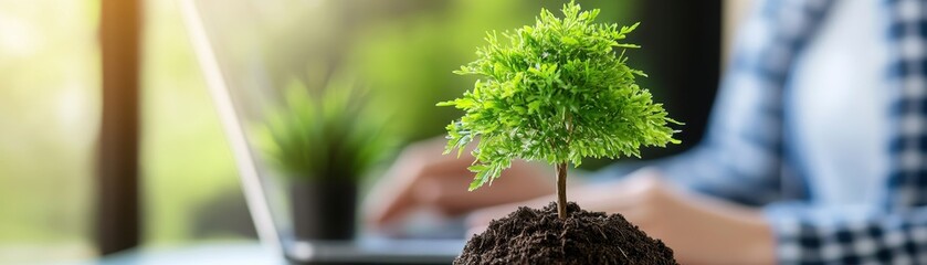 Wall Mural - Young Plant Growing on Soil with Person Working on Laptop in Background - Concept of Growth and Sustainability