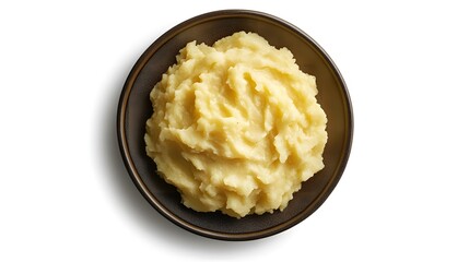 Creamy mashed potatoes in brown bowl on white background