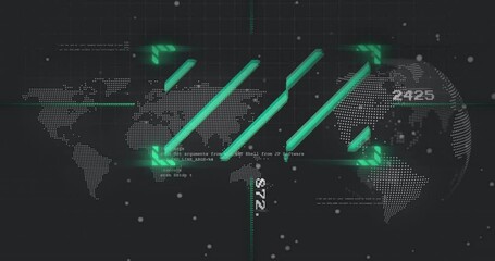 Poster - Digital world map and data processing animation over green bars and numbers