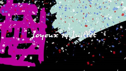 Sticker - Confetti animation with Joyeux 14 Juillet text over colorful background