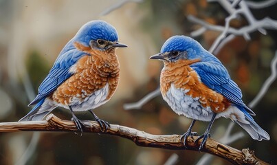 Wall Mural - Two male bluebirds on perch. 