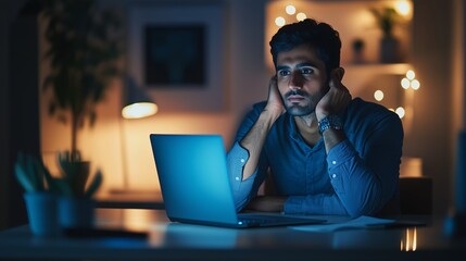 Poster - Young man working late at night in his home office, focused on laptop, surrounded by warm lighting and a cozy atmosphere