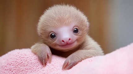 Wall Mural - A baby sloth is sitting on a pink blanket, AI