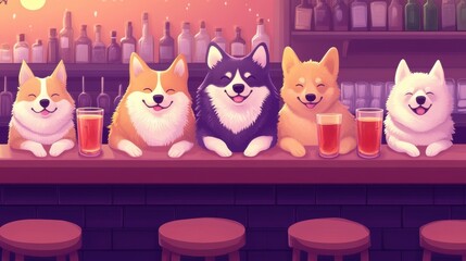 Sticker - A group of five dogs sitting at a bar with drinks, AI