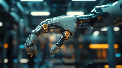 Poster - Close-up of a Robotic Hand with Glowing Lights in a Futuristic Setting