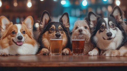 Poster - A group of dogs are sitting around a table with glasses, AI