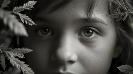 A close-up black and white of a young child's face with branches of trees