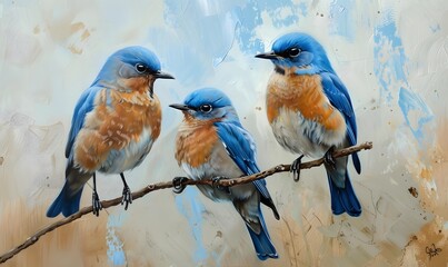 Wall Mural - Two male bluebirds on perch. 