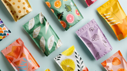 colorful snack packaging designs on isolated background