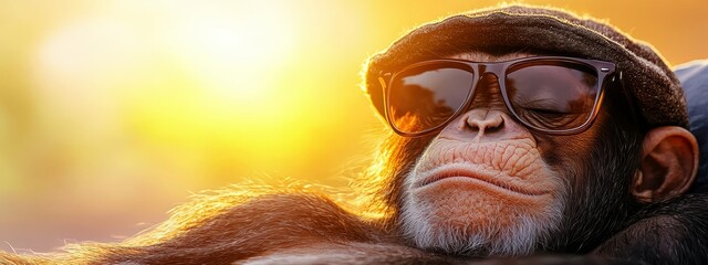  A tight shot of a chimpanzee donning sunglasses and a hat, sun filtering through sunglasses' lenses