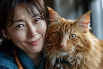 Sticker - Photo of charming woman cuddling cute cat generative ai