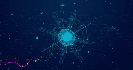 Poster - Geometric shapes and data points animation over dark blue background
