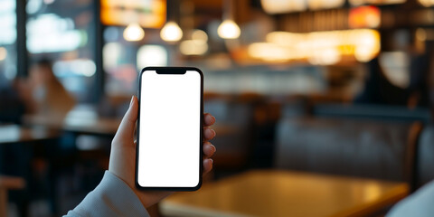 Mockup woman's hand holding using smart phone with white blank screen at coffee shop, mobile app design and advertising, online marketing