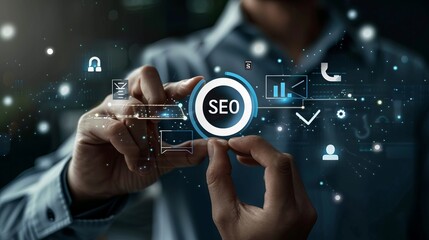 Leinwandbilder - A man is holding a blue and white circle with the word SEO on it