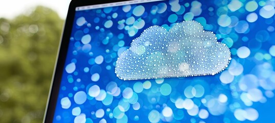 Poster - Water Droplets Form A Cloud Shape On A Blue Bokeh Background Displayed On A Laptop Screen