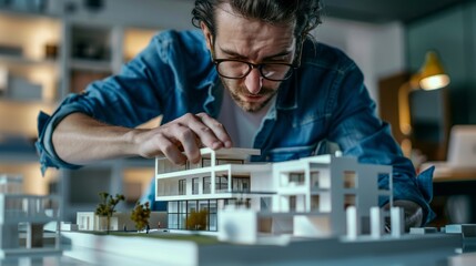 Poster - A man is working on a model of a building