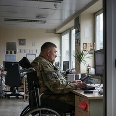 Poster - A man in a military uniform is sitting at a desk with a computer