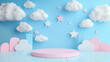 © Synthesia Studio - Pastel-colored stage with fluffy clouds and stars in a whimsical setting. Empty podium for the presentation of children's products with copy space
