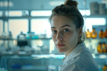 Poster - Young scientist is turning back and looking in a modern laboratory