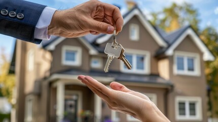 Poster - A man is handing a key to a woman in front of a house