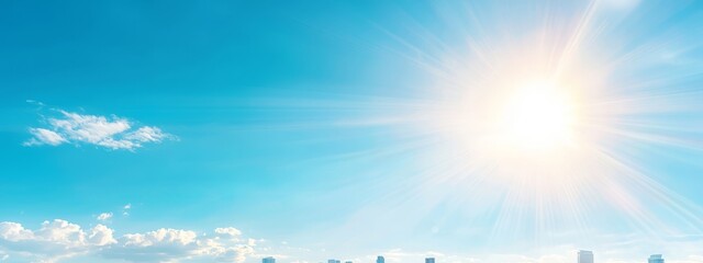 Canvas Print -  The sun shining brightly, a blue sky backdrop, cityscape of skyscrapers