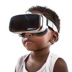 Poster - Cute african american, black little boy wearing VR glasses, augmented reality glasses.