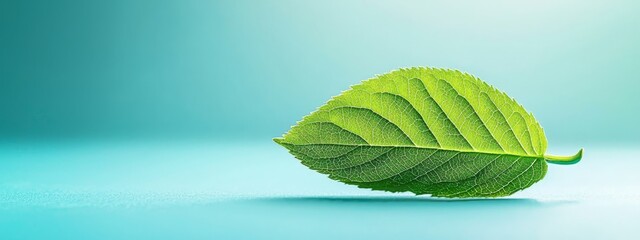 Canvas Print -  Close-up of a green leaf against a blue backdrop, mirrored in the image by its reflection on the water's surface